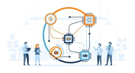 Naklejka premium People interacting with a complex network of interconnected microchips and data flow.