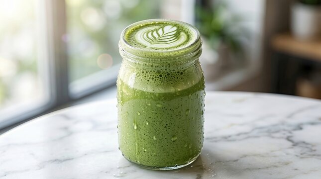 Matcha latte in clear glass with foam leaf art and condensation