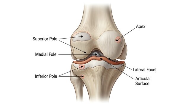 High detailed anatomical illustration of patella and distal femur showing superior and inferior poles, medial and lateral facets and smooth articular surface of patellofemoral joint, designed for orth