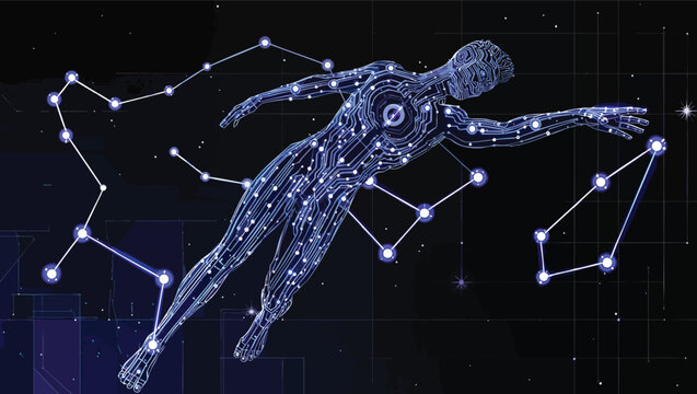 Digital human figure composed of circuits and constellations in starry night sky technology.