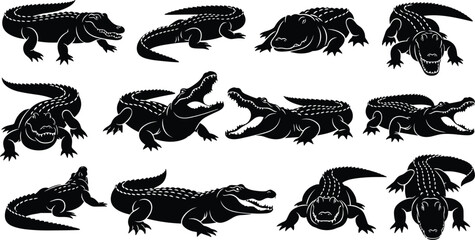 Obraz premium Crocodile Silhouette Collection with Dynamic Reptile Poses, Open Mouth Predators, Side and Front Views, and Wildlife Vector Illustrations