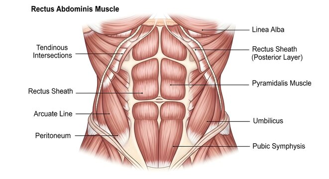 High detailed anatomical medical illustration of rectus abdominis muscle showing tendinous intersections, linea alba, rectus sheath, arcuate line, umbilicus and pubic symphysis, ideal for core trainin
