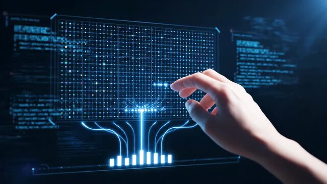 A human hand touches a glowing blue digital interface filled with data points and code, suggesting advanced technology and information processing. Subtle lens flare adds a futuristic atmosphere.