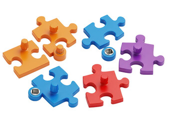 Fototapeta premium Colorful wooden puzzle pieces arranged in a playful scattered formation isolated on transparent background