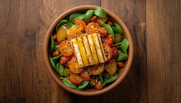 Delicious healthy salad featuring orange tomatoes, fresh spinach, grilled halloumi, honey and olive oil dressing with spices. Top view on brown wood.