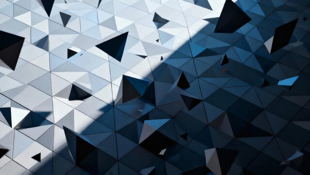 Sophisticated 3D geometric background featuring grey and blue triangular shapes with shadows, representing modern architecture, structure, and abstract design.