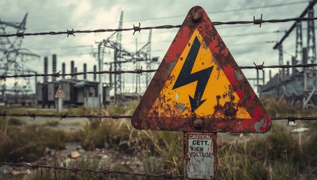 Detailed view of a worn, rusty triangular metal sign warning of high voltage. Power facility with transformers and electrical lines. Stay away.