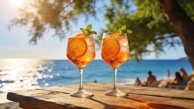 Two Aperol spritz cocktails on a table outside, with a blurred background of people, sea, and trees.