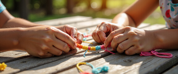 Obraz premium Two children braiding colorful embroidery floss into friendship bracelets outdoors 