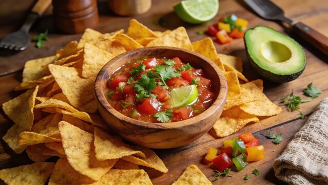 Classic salsa served in a wooden bowl with corn chips on a table alongside ingredients.