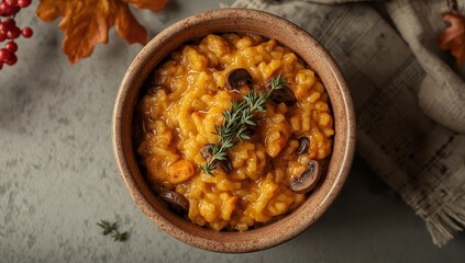 Fototapeta premium Risotto with pumpkin mushrooms and fresh thyme served in a ceramic bowl. Italian dish. Aerial perspective.
