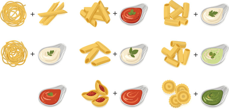 Pasta combinations set with spaghetti penne rigatoni ravioli and different sauces recipe variations food vector illustration design