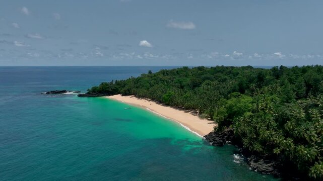 Tropical sand beach on S&atilde;o Tom&eacute; and Pr&iacute;ncipe, drone perspective