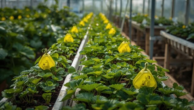 Sticky yellow traps in strawberry seedlings on greenhouse shelves, aimed at whiteflies. Eco-friendly pest management, non-toxic, safe for gardening, organic farming, greenhouse care.