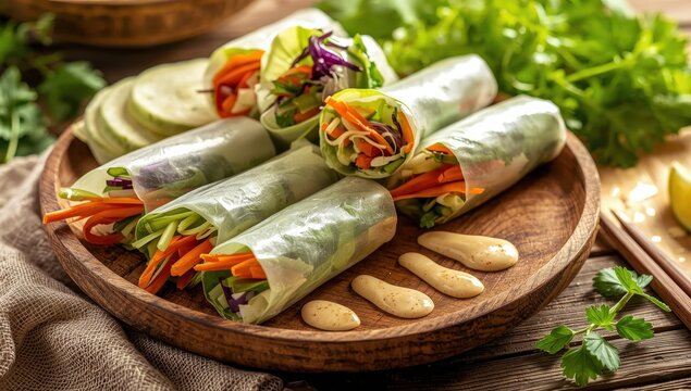 Vietnamese spring rolls on a rustic plate, accompanied by thousand island dressing. Healthy cuisine idea.