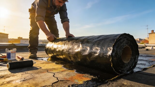 A worker spreads a heavy rubber tarp on a flat roof to restore the damaged bitumen layer.