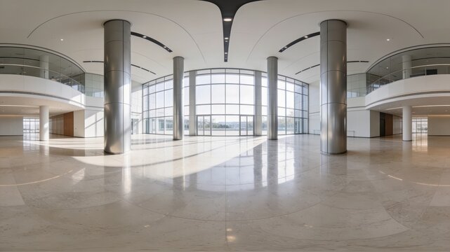 360-degree HDRI panorama of a vacant contemporary hall featuring pillars, doors, and large windows in a seamless equirectangular format, suitable for AR and VR applications.