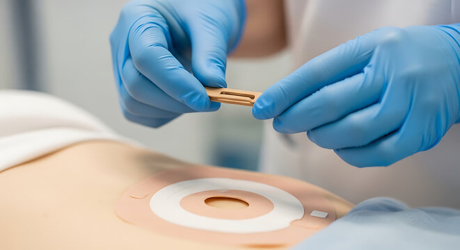 Medical professional applying ostomy bag adhesive seal to patient