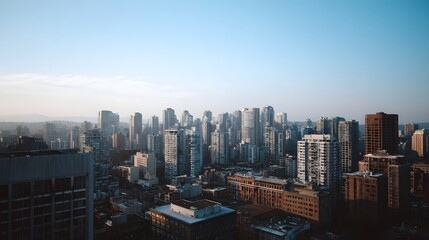 Fototapeta premium A vast urban cityscape unfolds under a clear blue sky showcasing a dense collection of modern skyscrapers and architectural structures during