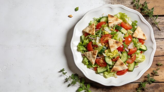 Fattoush salad from Lebanon. Recipe includes fresh veggies, cherry, lettuce, and toasted pita. Healthy dish on a white background, viewed from above.