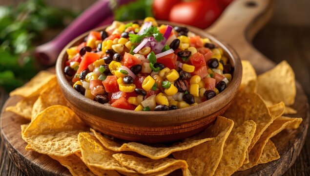 Closeup of a bowl of homemade Cowboy salad or Texas caviar bean dip with lime dressing, accompanied by tortilla chips on a wooden board.