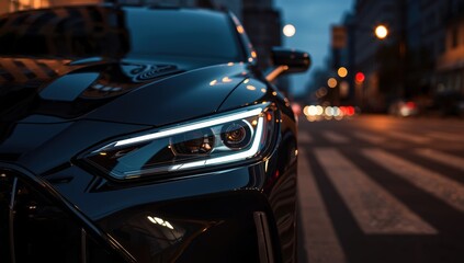 Fototapeta premium Close-up of a sleek black car's headlight and hood. Modern vehicle parked on a city street at night.