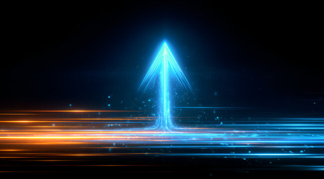 Digital image depicts a glowing, upward-pointing arrow. Streamers of orange and blue light add dynamism to a dark background