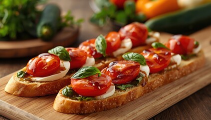 Obraz premium Fresh caprese bruschetta with tomato, basil, and cheese. Italian tapas featuring grilled ciabatta and baguette topped with vegetables, herbs, and oil. Sandwich.