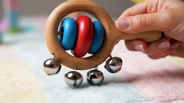 Soft Baby Rattle. Parent Softly Shakes Vibrant Wooden Toy. Gentle Shaking Of Colorful Wooden Toy Stimulates Baby. Parent Carefully Rattles Vibrant Wooden Toy To Enhance Sensory Development