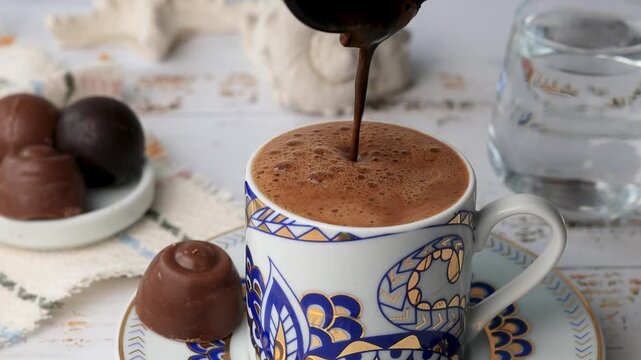 T&uuml;rk kahvesi Foamy Turkish coffee is poured from the coffee pot into coffee cups