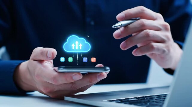 Close up of a person's hands holding a smartphone displaying a glowing blue cloud icon with upload arrows and document icons. Modern technology concept.