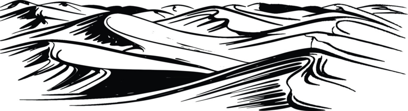 Stylized black and white illustration depicts an endless expanse of rolling desert sand dunes under a bright sky.