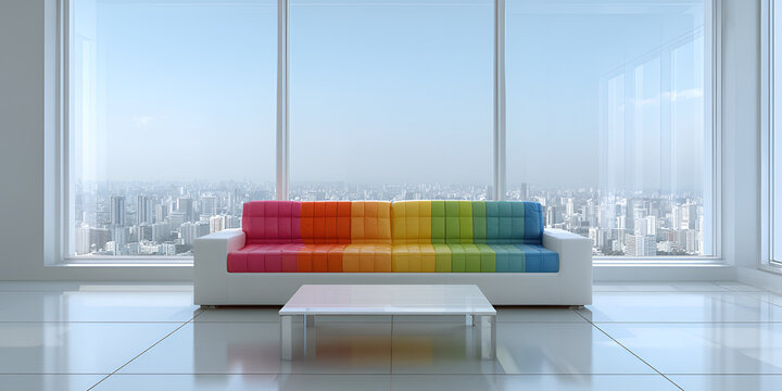 Modern interior featuring a rainbow-colored sofa and glass table in front of expansive windows overlooking a distant cityscape