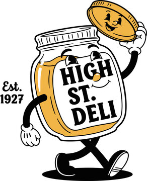 Vintage cartoon jar mascot for High St. Deli with a golden coin walking on transparent background Est. 1927