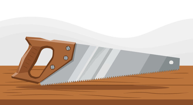 Illustration of a hand saw with wooden handle on the lumber table background drawing