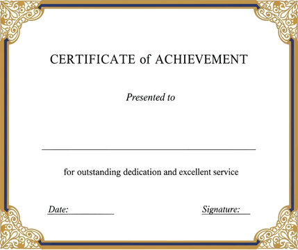 Elegant certificate of achievement graphic design template with ornate gold corner borders and detailed decorative elements ideal for recognizing outstanding dedication