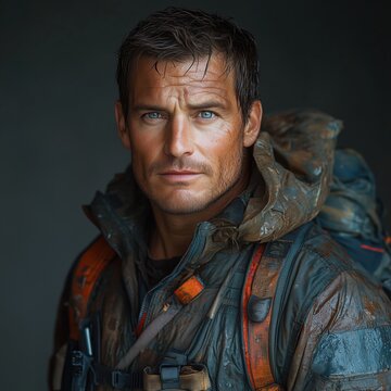 Man in dirty jacket and backpack