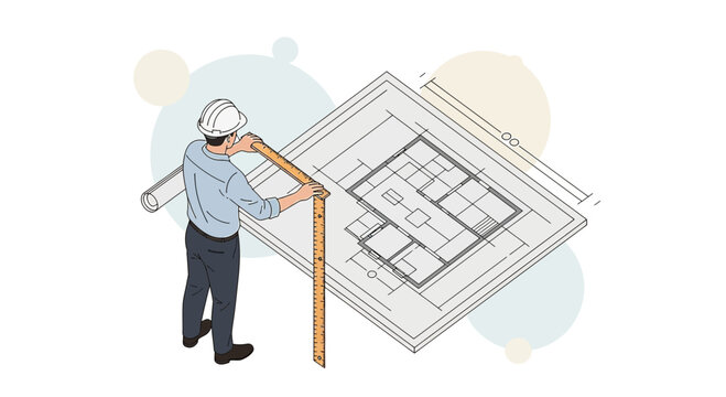 Illustration of an architect inspecting a building plan with a ruler in hand