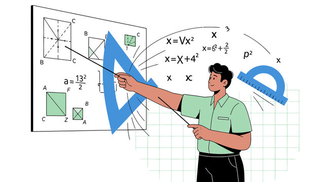 Illustration of a teacher explaining geometric principles and algebraic equations on board