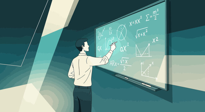 Illustration of a teacher explaining complex mathematical formulas on a chalkboard during a