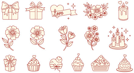 Set of cute minimalist line art icons for Valentines Day in soft pink color on white background for greeting card © masuk stock