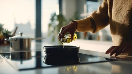 Man pours olive oil into hot frying pan closeup
