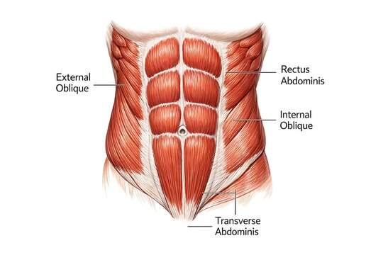 Human Abdominal Anatomy Diagram Showing Rectus Abdominis, External and Internal Obliques, and Transverse Abdominis Muscles