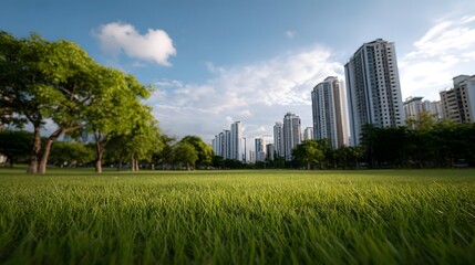 Fototapeta premium A vast lush green park stretches towards a modern city skyline with towering residential buildings under a bright blue sky