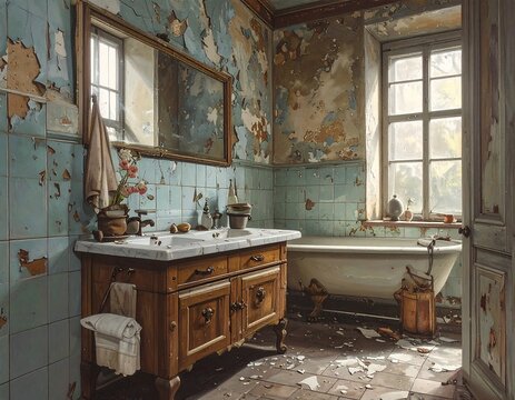 A dilapidated bathroom with peeling turquoise tiles and worn fixtures