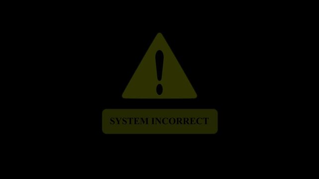 Triangle warning symbol with system incorrect digital error concept representing system malfunction. Modern software issue, authentication failure, network problem, on black background. 