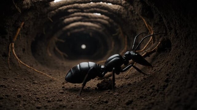 Macro view of a black ant walking through an underground tunnel, detailed soil textures and cinematic lighting reveal the hidden world beneath.