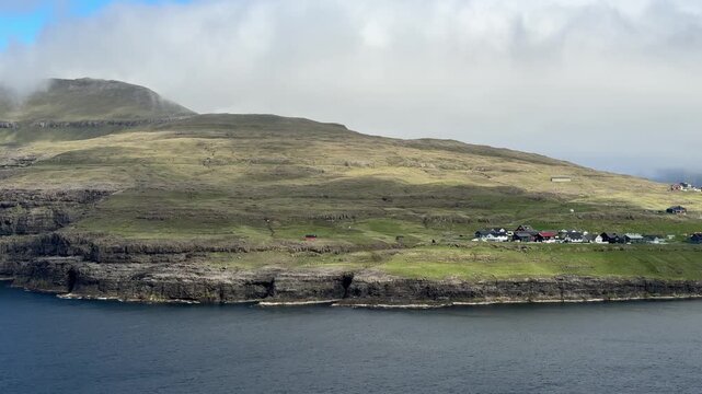 Eidi village with fjord and mountain landscape, Eysturoy Island, Faroe Islands

