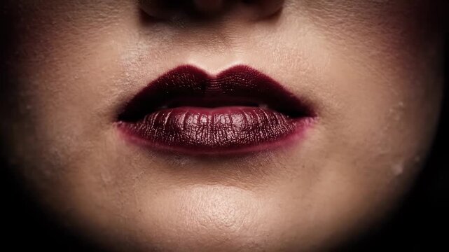Four close-up views capture the elegance and complexity of a woman's lips, transitioning through various expressions. The rich, dark lip color reveals layers of emotion and identity.