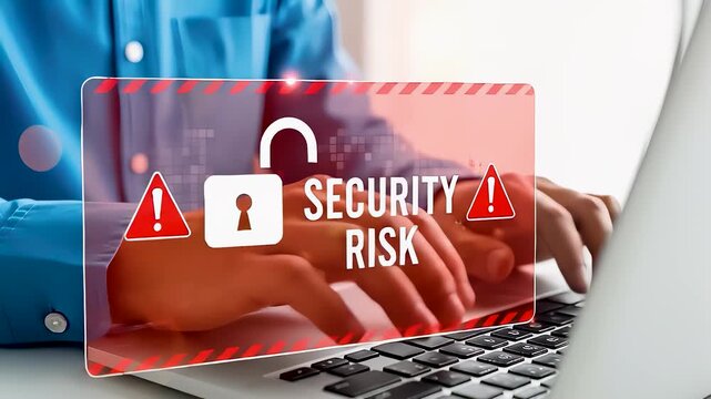 Corporate businessman types on modern laptop computer while glowing red digital projection displays cybersecurity risk warning for unauthorized network access and data breach vulnerability.